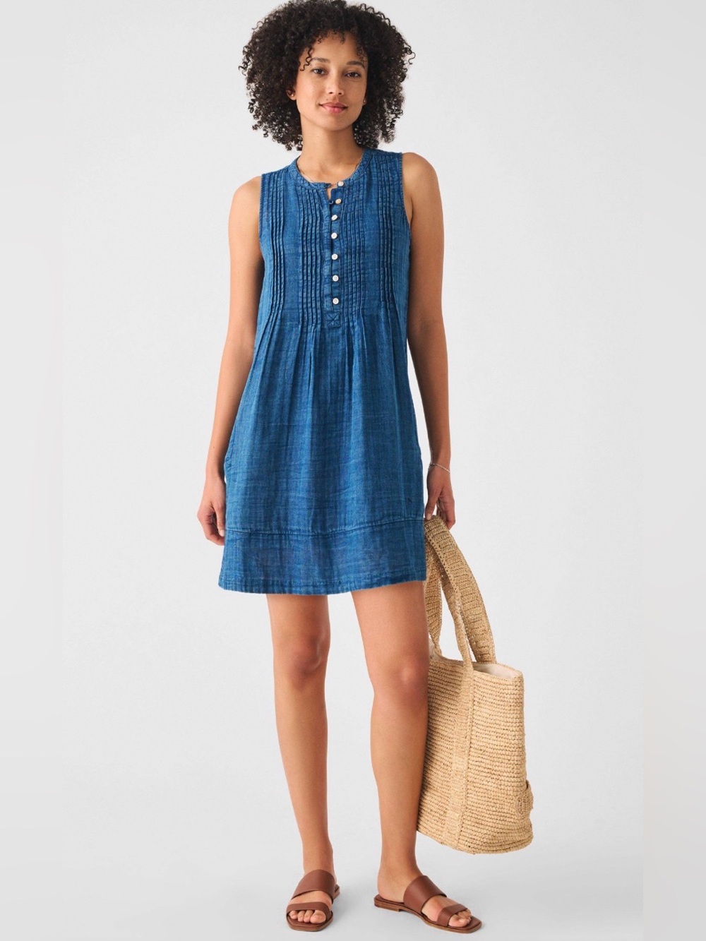 Faherty Isha Organic Cotton Dress Indigo Blue Sleeveless Natural Fiber Size M